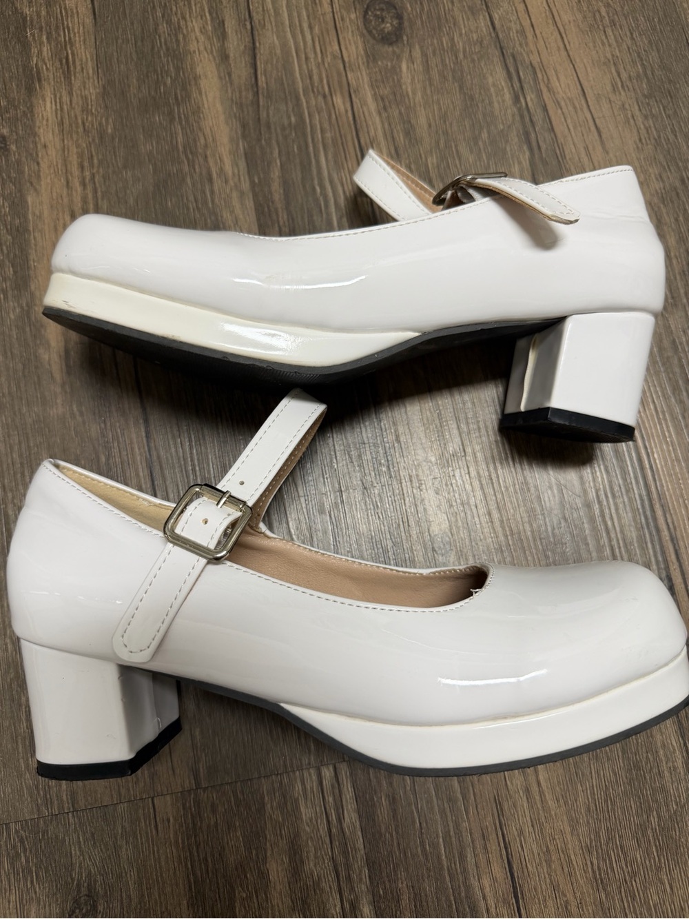 White Patent Leather Mary Jane Block Heel Dress Shoes Buckle Strap Costplay 7